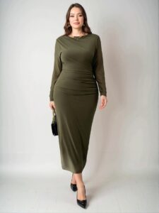 Elegant Army Green Bodycon Midi Dress with Mesh Splice and Ruched Detailing for Office, Formal Occasions, or Concerts - Chic, Classy and Trendy Fashion Style to Dress to Impress
