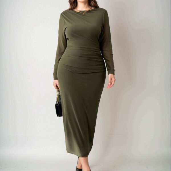 Elegant Army Green Bodycon Midi Dress with Mesh Splice and Ruched Detailing for Office, Formal Occasions, or Concerts - Chic, Classy and Trendy Fashion Style to Dress to Impress