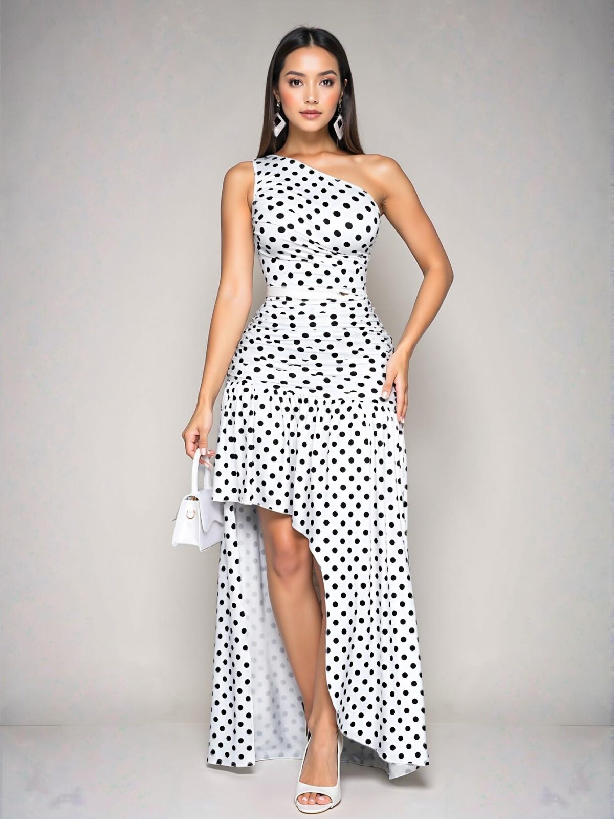 Elegant Black and White Asymmetric Pleated Maxi Dress with Waist Cutout and Ruffle Hem for Chic Spring and Summer Outings - Classy, Stylish, and Trendy Fashion to Dress to Impress - Image 5