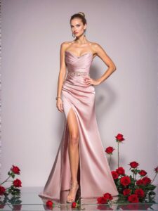 Elegant Pink Strapless Empire Waist Evening Gown with Ruched Bodice and Asymmetrical High Slit – Art Deco Beading for Modern Art Gala and Surrealist Events, Perfect for party, prom, graduation day, and ceremony for university, college, and high school, Formal Evening Dinner Cocktail, Wedding Guest Gown, Chic, Classy and Trendy Fashion Style to Dress to Impress.