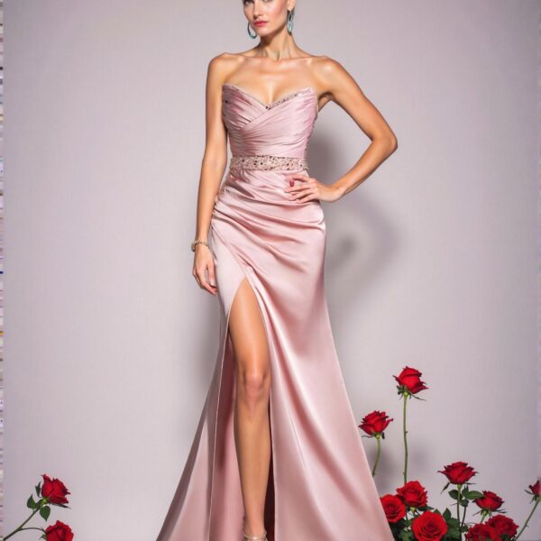 Elegant Pink Strapless Empire Waist Evening Gown with Ruched Bodice and Asymmetrical High Slit – Art Deco Beading for Modern Art Gala and Surrealist Events, Perfect for party, prom, graduation day, and ceremony for university, college, and high school, Formal Evening Dinner Cocktail, Wedding Guest Gown, Chic, Classy and Trendy Fashion Style to Dress to Impress.