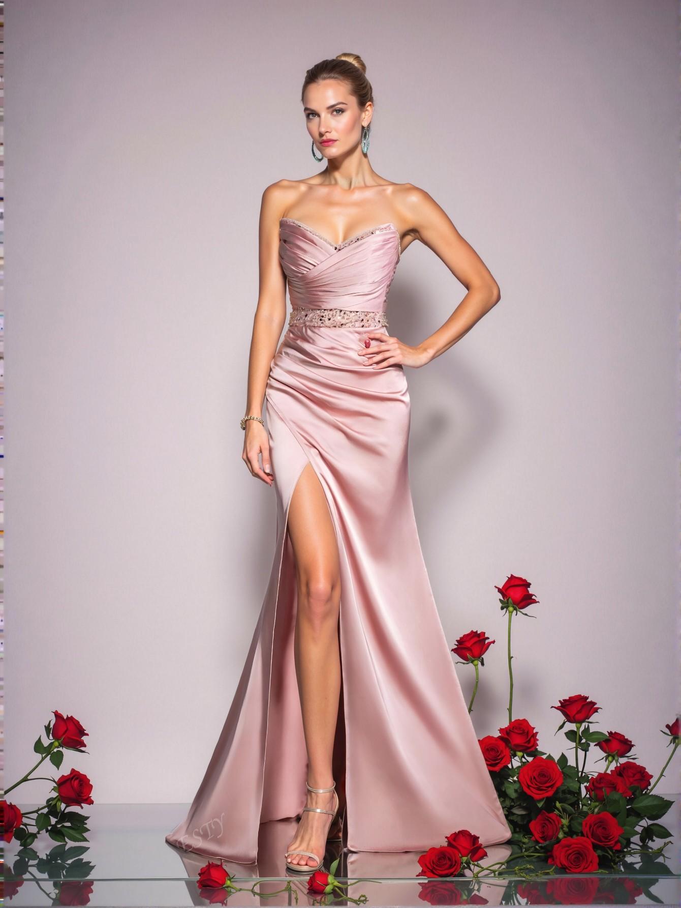 Elegant Pink Strapless Empire Waist Evening Gown with Ruched Bodice and Asymmetrical High Slit – Art Deco Beading for Modern Art Gala and Surrealist Events, Perfect for party, prom, graduation day, and ceremony for university, college, and high school, Formal Evening Dinner Cocktail, Wedding Guest Gown, Chic, Classy and Trendy Fashion Style to Dress to Impress.