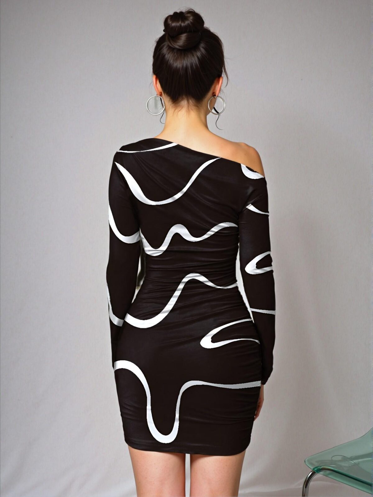 Elegant Black Asymmetrical Ruched Graffiti Print Long Sleeve Dress for Spring and Summer - Chic, Classy and Trendy Fashion Style to Dress to Impress - Image 2