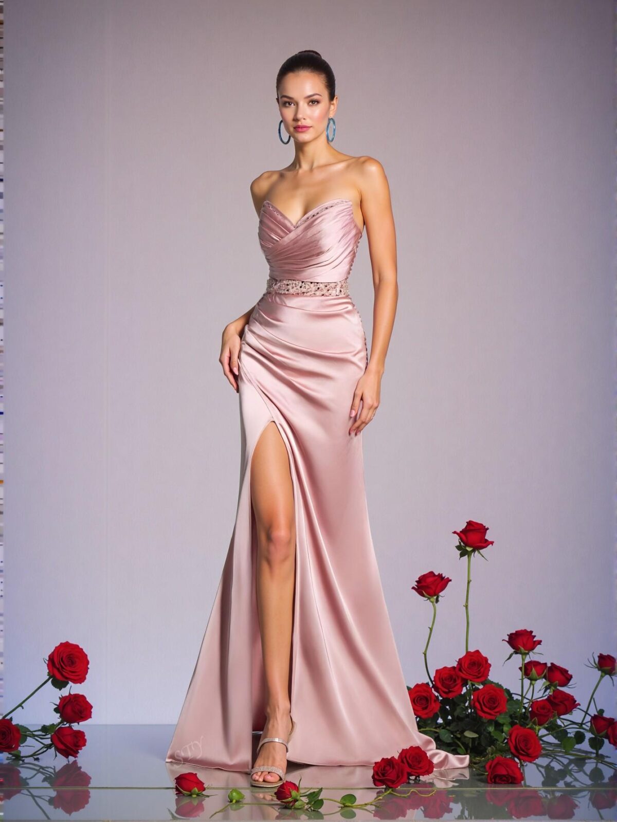 Elegant Pink Strapless Empire Waist Evening Gown with Ruched Bodice and Asymmetrical High Slit – Art Deco Beading for Modern Art Gala and Surrealist Events, Perfect for party, prom, graduation day, and ceremony for university, college, and high school, Formal Evening Dinner Cocktail, Wedding Guest Gown, Chic, Classy and Trendy Fashion Style to Dress to Impress. - Image 3