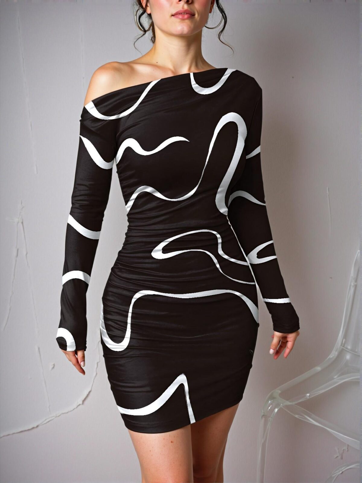 Elegant Black Asymmetrical Ruched Graffiti Print Long Sleeve Dress for Spring and Summer - Chic, Classy and Trendy Fashion Style to Dress to Impress - Image 3