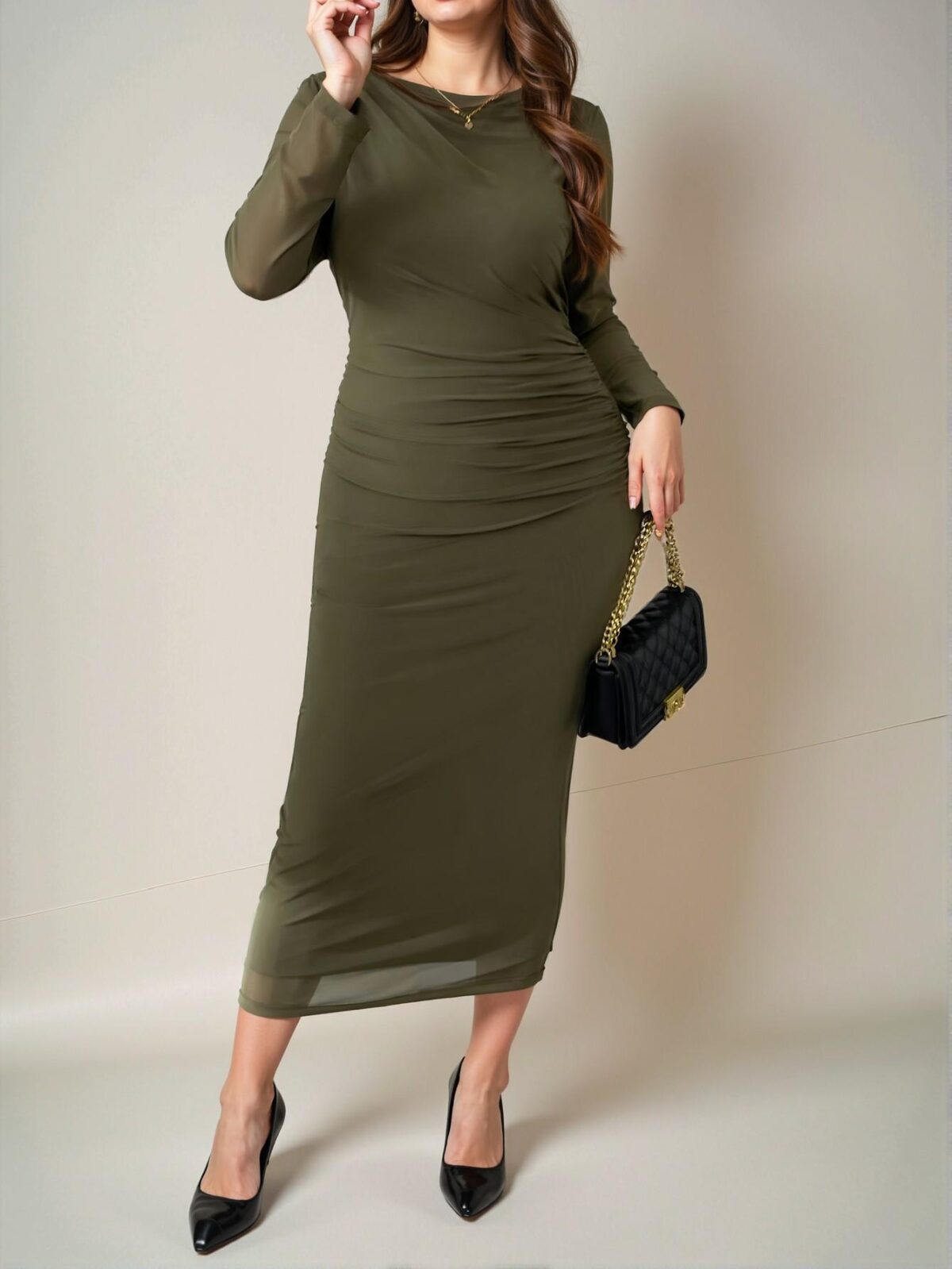 Elegant Army Green Bodycon Midi Dress with Mesh Splice and Ruched Detailing for Office, Formal Occasions, or Concerts - Chic, Classy and Trendy Fashion Style to Dress to Impress - Image 5