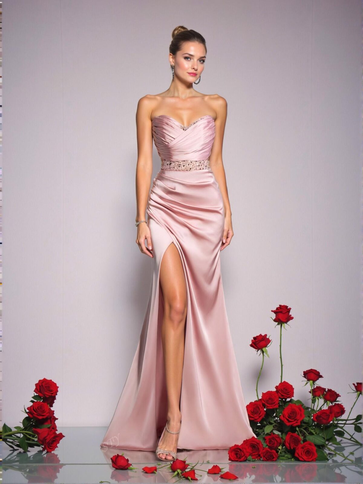 Elegant Pink Strapless Empire Waist Evening Gown with Ruched Bodice and Asymmetrical High Slit – Art Deco Beading for Modern Art Gala and Surrealist Events, Perfect for party, prom, graduation day, and ceremony for university, college, and high school, Formal Evening Dinner Cocktail, Wedding Guest Gown, Chic, Classy and Trendy Fashion Style to Dress to Impress. - Image 4