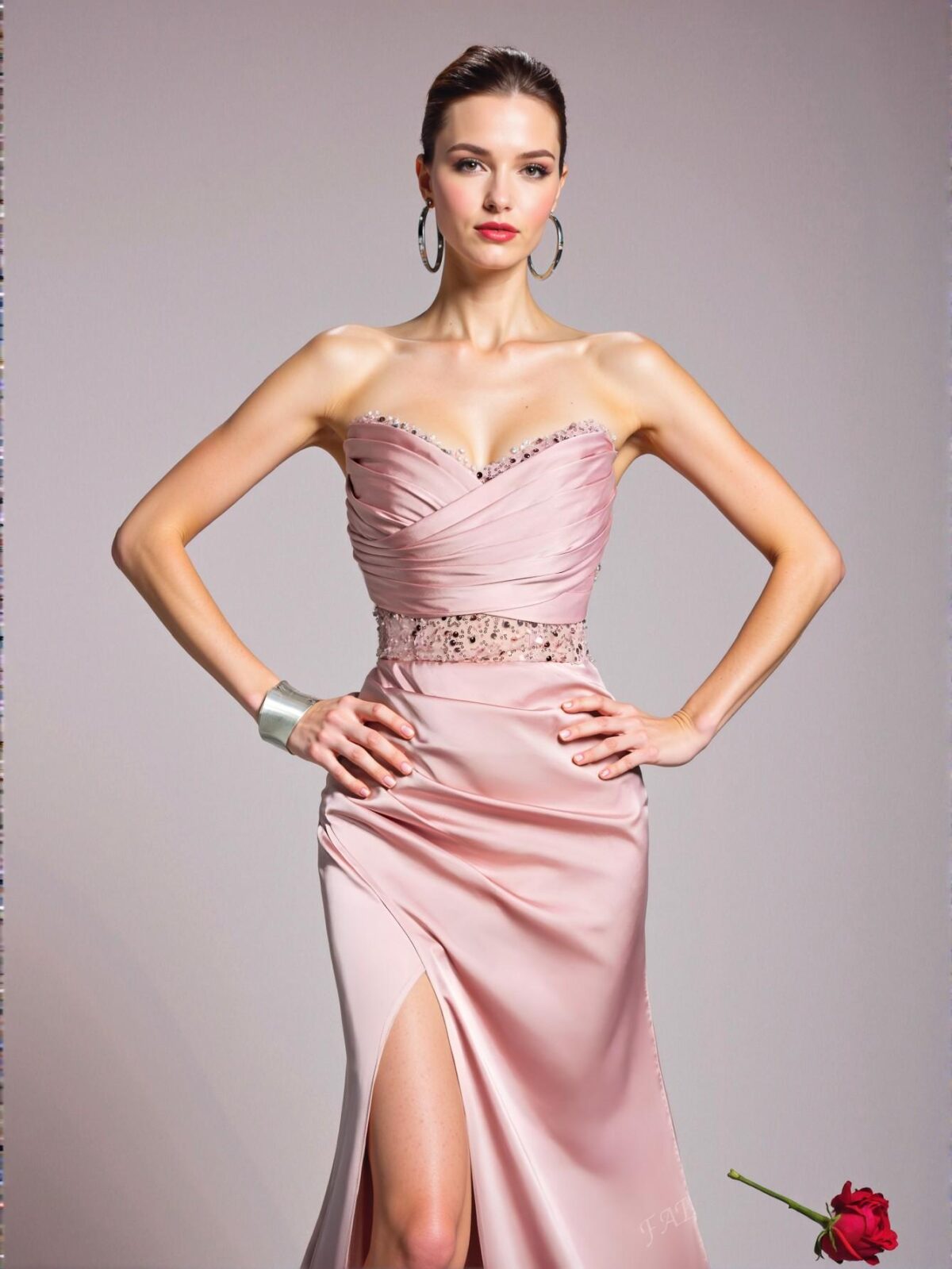 Elegant Pink Strapless Empire Waist Evening Gown with Ruched Bodice and Asymmetrical High Slit – Art Deco Beading for Modern Art Gala and Surrealist Events, Perfect for party, prom, graduation day, and ceremony for university, college, and high school, Formal Evening Dinner Cocktail, Wedding Guest Gown, Chic, Classy and Trendy Fashion Style to Dress to Impress. - Image 5