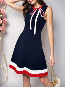 Elegant Navy Blue Stylish Color Block Striped Sleeveless Dress with Bow for Summer Graduation Celebrations - Chic, Classy and Trendy Fashion Style to Dress to Impress