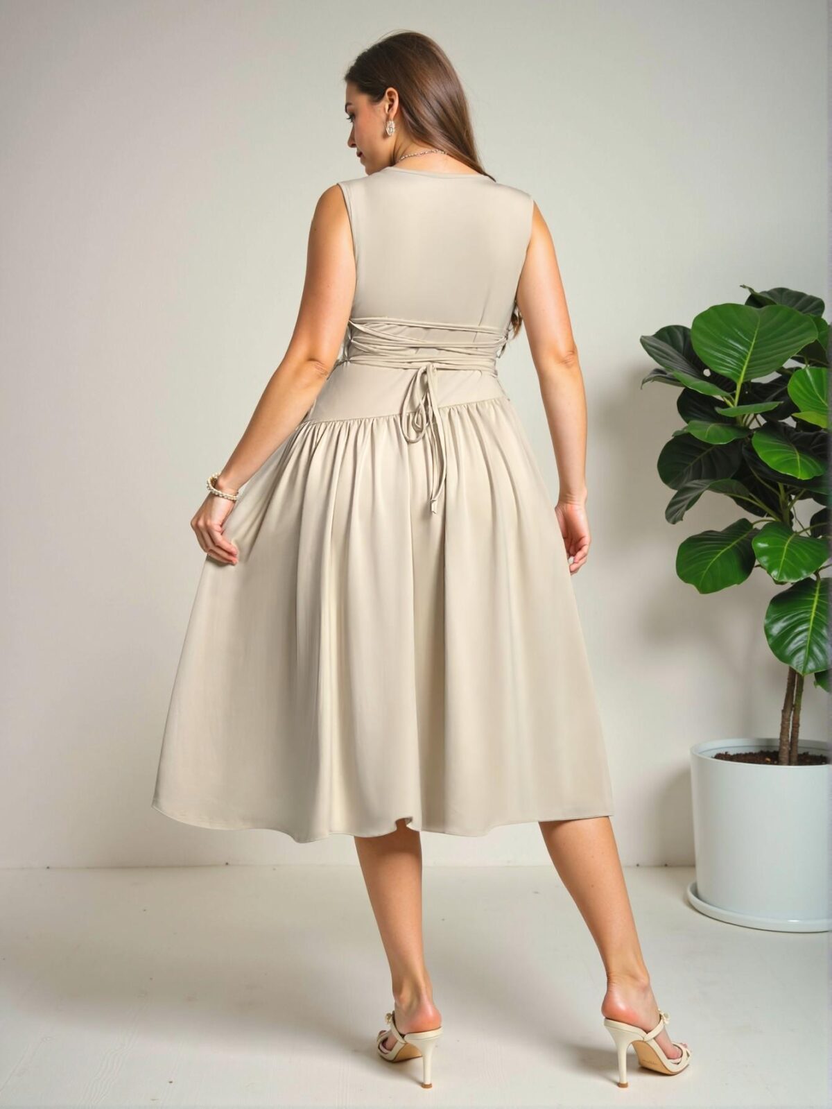 Elegant Apricot Chic and Romantic A-Line Midi Dress with Irregular Splice and Gathered Backside Tie for Spring/Summer Getaways - Chic, Classy and Trendy Fashion Style to Dress to Impress - Image 2