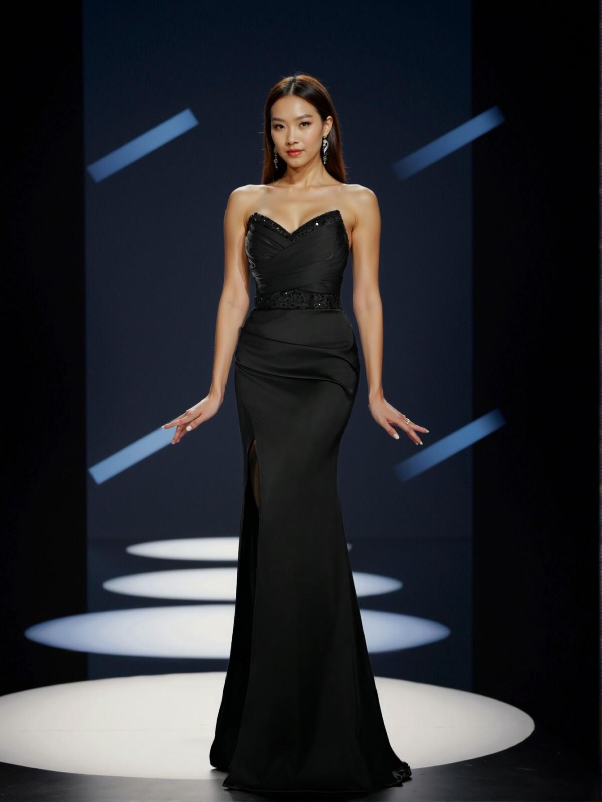 Elegant Black Strapless Empire Waist Evening Gown with Ruched Bodice and Asymmetrical High Slit, Adorned with Art Deco Beading for Modern Art Gala and Surrealist Events. Perfect for party, prom, graduation day, and ceremony for university, college, and high school, Formal Evening Dinner Cocktail, Wedding Guest Gown, Chic, Classy and Trendy Fashion Style to Dress to Impress.