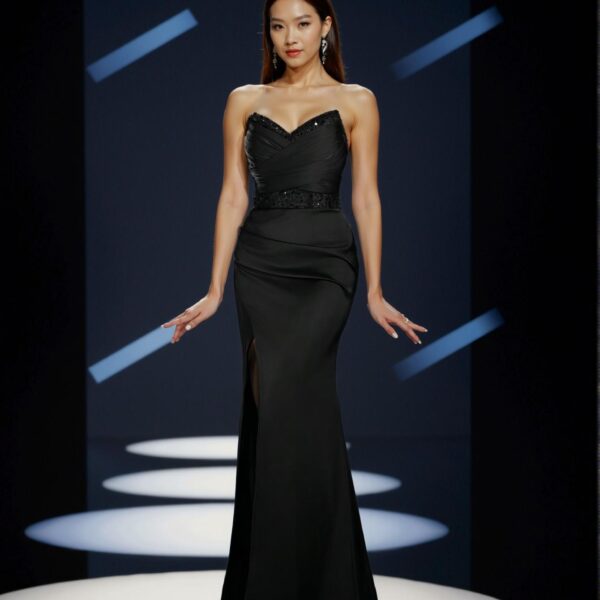 Elegant Black Strapless Empire Waist Evening Gown with Ruched Bodice and Asymmetrical High Slit, Adorned with Art Deco Beading for Modern Art Gala and Surrealist Events. Perfect for party, prom, graduation day, and ceremony for university, college, and high school, Formal Evening Dinner Cocktail, Wedding Guest Gown, Chic, Classy and Trendy Fashion Style to Dress to Impress.