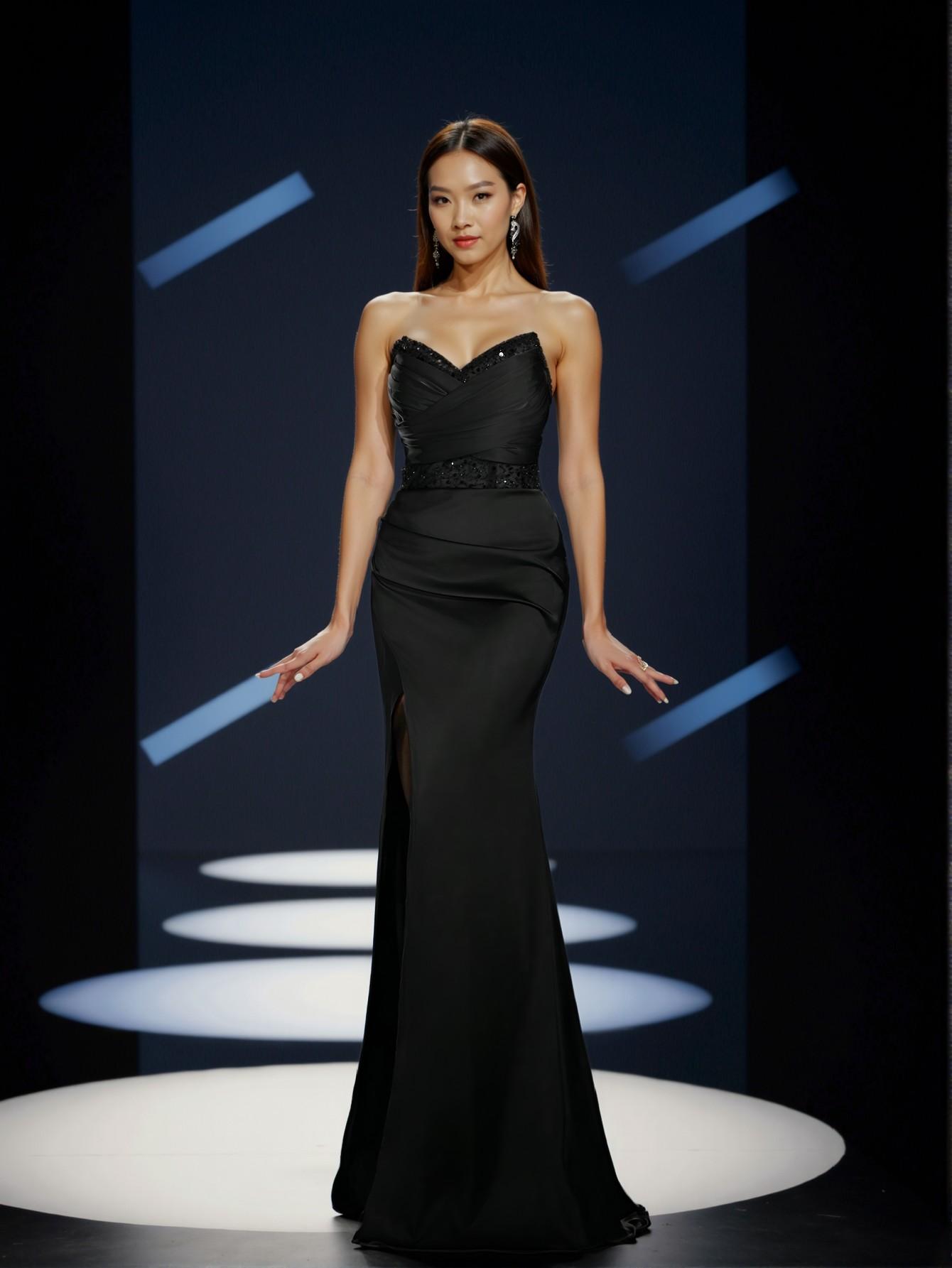 Elegant Black Strapless Empire Waist Evening Gown with Ruched Bodice and Asymmetrical High Slit, Adorned with Art Deco Beading for Modern Art Gala and Surrealist Events. Perfect for party, prom, graduation day, and ceremony for university, college, and high school, Formal Evening Dinner Cocktail, Wedding Guest Gown, Chic, Classy and Trendy Fashion Style to Dress to Impress.