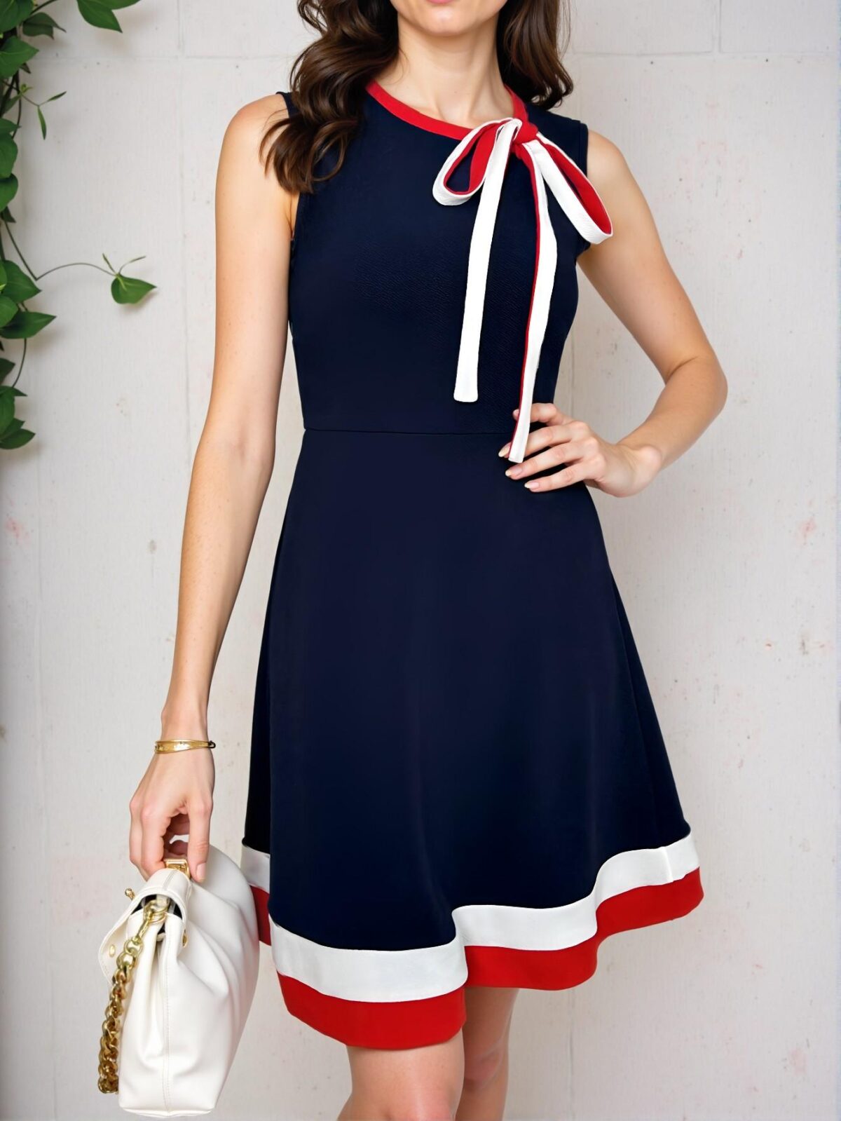 Elegant Navy Blue Stylish Color Block Striped Sleeveless Dress with Bow for Summer Graduation Celebrations - Chic, Classy and Trendy Fashion Style to Dress to Impress - Image 3
