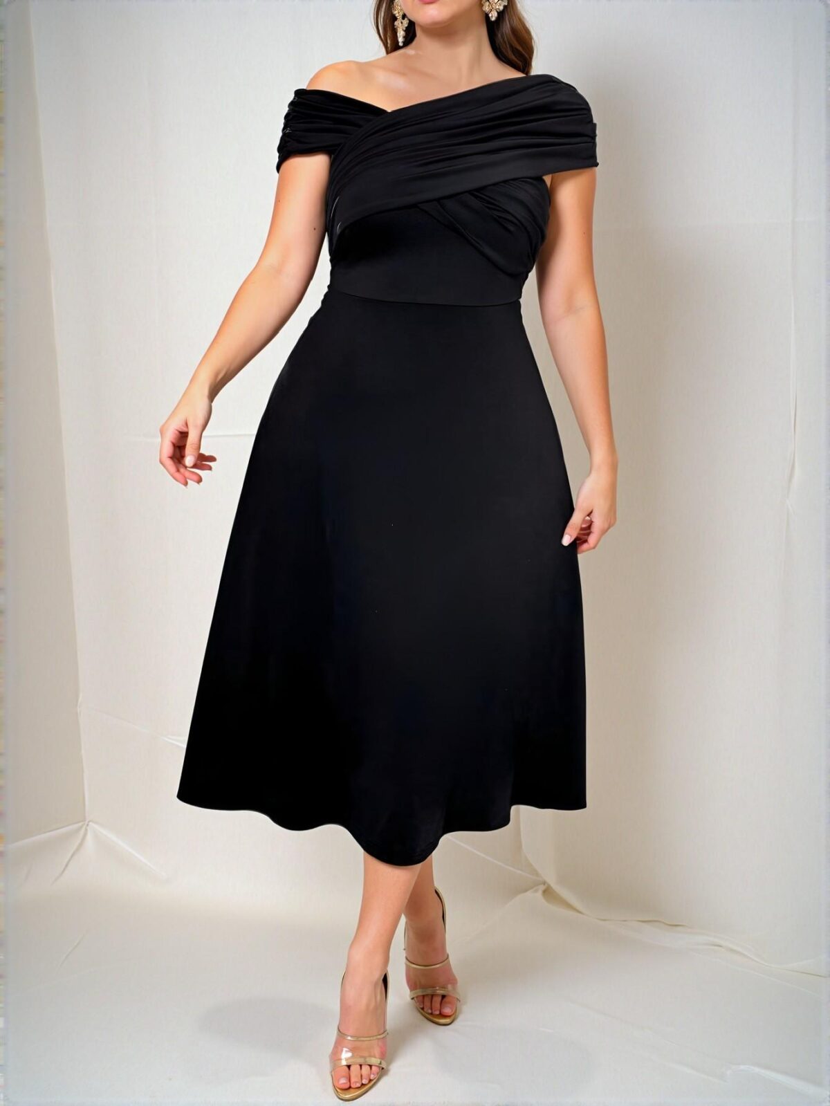 Elegant Black Versatile Open Shoulder Ruched Twist A-Line Dress for Work and Vacation - Chic, Classy and Trendy Fashion Style to Dress to Impress