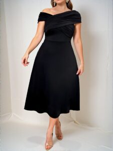 Elegant Black Versatile Open Shoulder Ruched Twist A-Line Dress for Work and Vacation - Chic, Classy and Trendy Fashion Style to Dress to Impress
