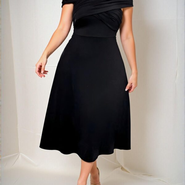 Elegant Black Versatile Open Shoulder Ruched Twist A-Line Dress for Work and Vacation - Chic, Classy and Trendy Fashion Style to Dress to Impress