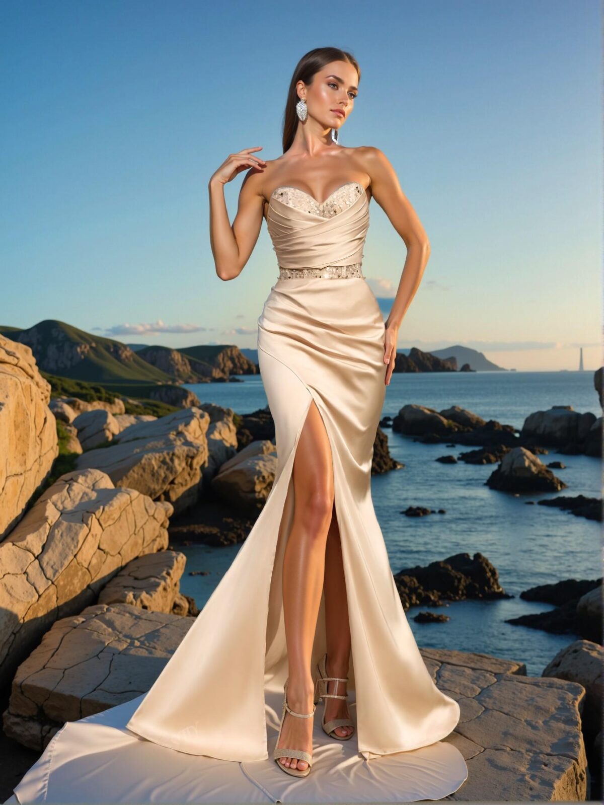 Elegant Champagne Strapless Empire Waisted Evening Gown with Ruched Bodice and Asymmetrical High Slit, Art Deco Beading for Modern Art Gala & Surrealist Evening Events. Perfect for party, prom, graduation day, and ceremony for university, college, and high school, Formal Evening Dinner Cocktail, Wedding Guest Gown, Chic, Classy and Trendy Fashion Style to Dress to Impress.