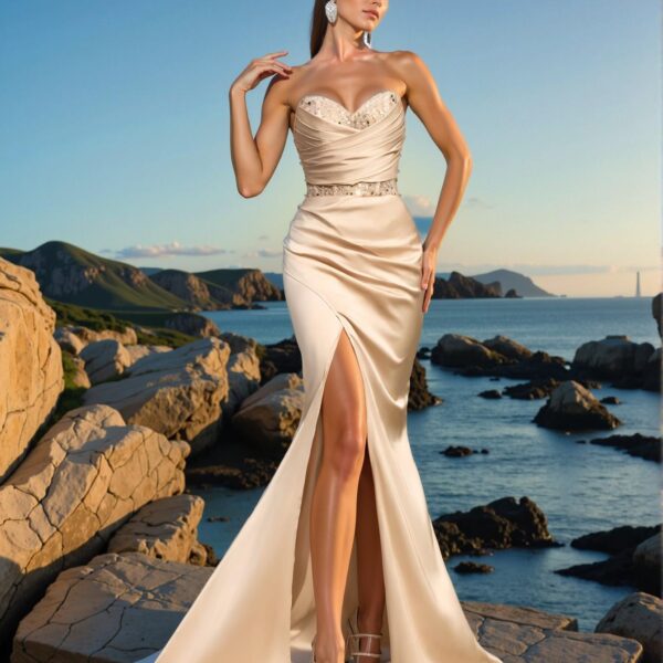 Elegant Champagne Strapless Empire Waisted Evening Gown with Ruched Bodice and Asymmetrical High Slit, Art Deco Beading for Modern Art Gala & Surrealist Evening Events. Perfect for party, prom, graduation day, and ceremony for university, college, and high school, Formal Evening Dinner Cocktail, Wedding Guest Gown, Chic, Classy and Trendy Fashion Style to Dress to Impress.