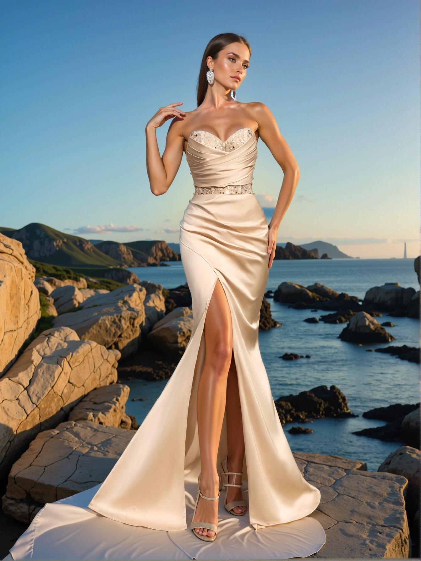 Elegant Champagne Strapless Empire Waisted Evening Gown with Ruched Bodice and Asymmetrical High Slit, Art Deco Beading for Modern Art Gala & Surrealist Evening Events. Perfect for party, prom, graduation day, and ceremony for university, college, and high school, Formal Evening Dinner Cocktail, Wedding Guest Gown, Chic, Classy and Trendy Fashion Style to Dress to Impress.