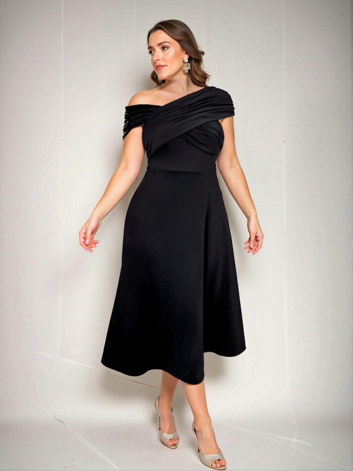 Elegant Black Versatile Open Shoulder Ruched Twist A-Line Dress for Work and Vacation - Chic, Classy and Trendy Fashion Style to Dress to Impress - Image 2