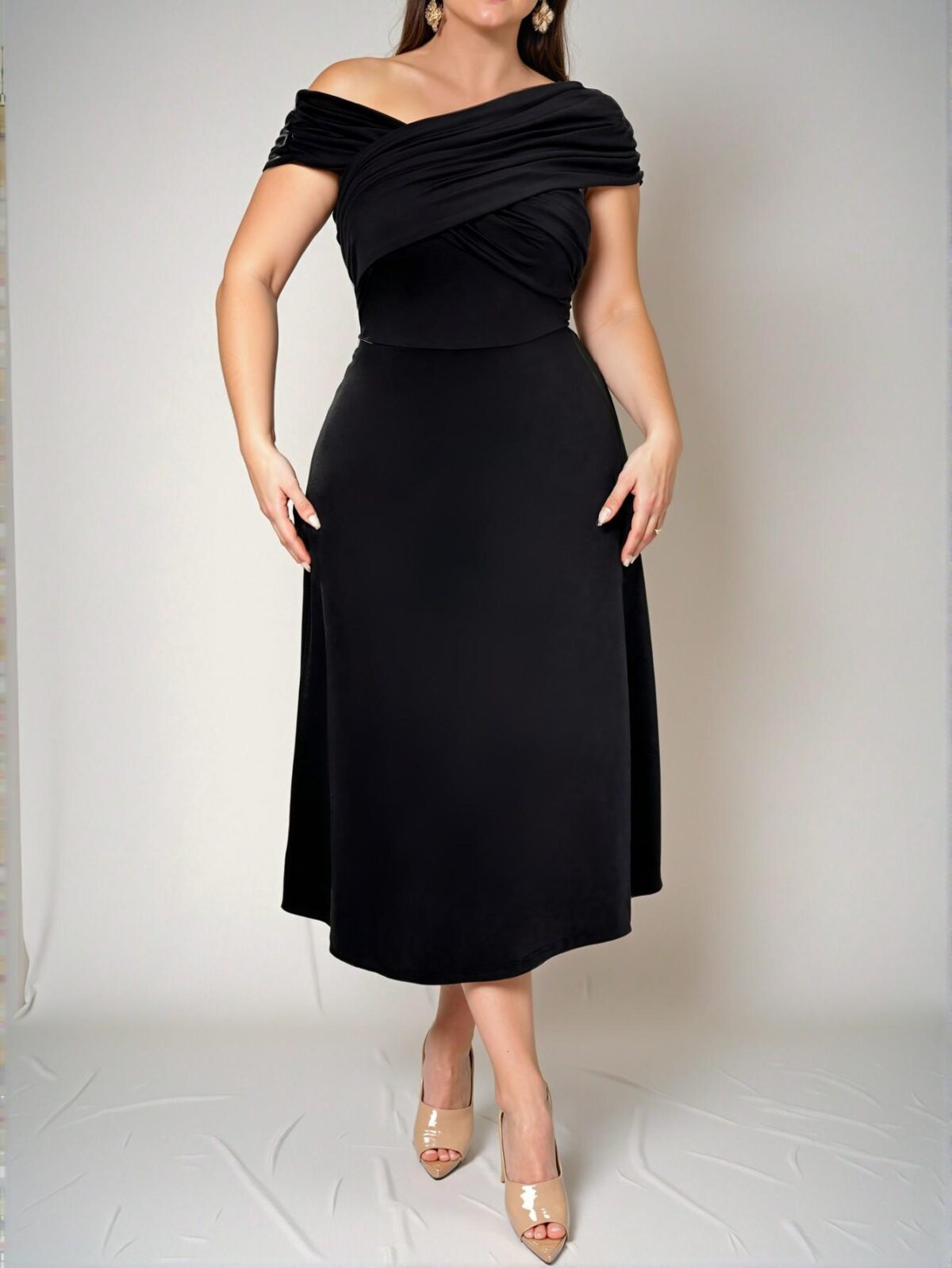 Elegant Black Versatile Open Shoulder Ruched Twist A-Line Dress for Work and Vacation - Chic, Classy and Trendy Fashion Style to Dress to Impress - Image 3