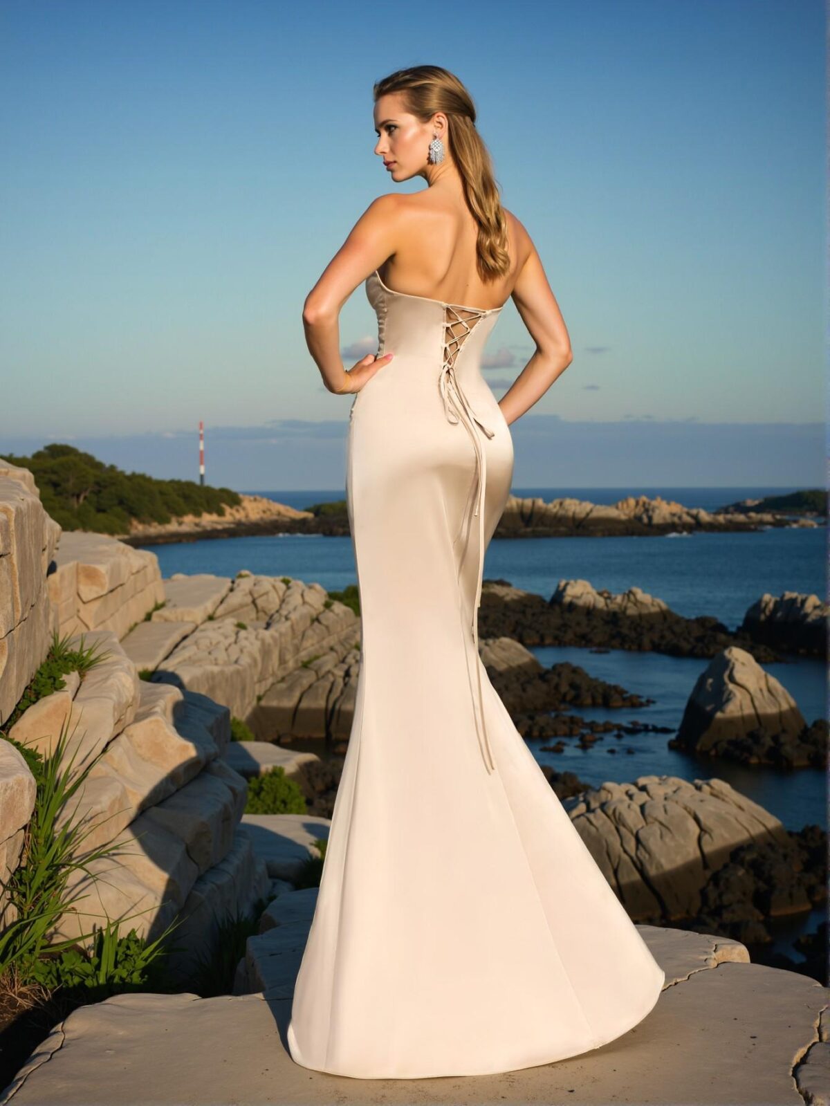 Elegant Champagne Strapless Empire Waisted Evening Gown with Ruched Bodice and Asymmetrical High Slit, Art Deco Beading for Modern Art Gala & Surrealist Evening Events. Perfect for party, prom, graduation day, and ceremony for university, college, and high school, Formal Evening Dinner Cocktail, Wedding Guest Gown, Chic, Classy and Trendy Fashion Style to Dress to Impress. - Image 2