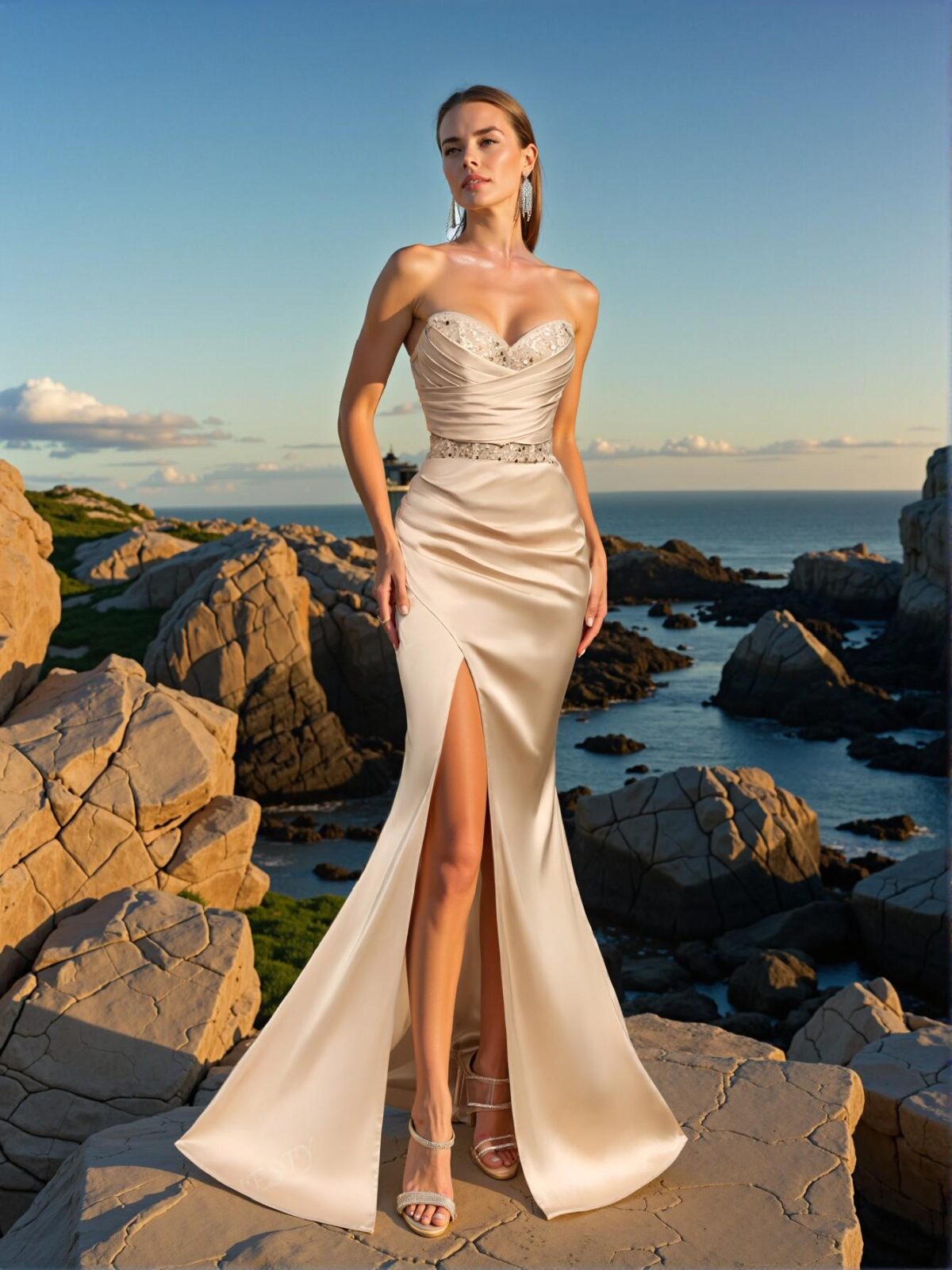 Elegant Champagne Strapless Empire Waisted Evening Gown with Ruched Bodice and Asymmetrical High Slit, Art Deco Beading for Modern Art Gala & Surrealist Evening Events. Perfect for party, prom, graduation day, and ceremony for university, college, and high school, Formal Evening Dinner Cocktail, Wedding Guest Gown, Chic, Classy and Trendy Fashion Style to Dress to Impress. - Image 3