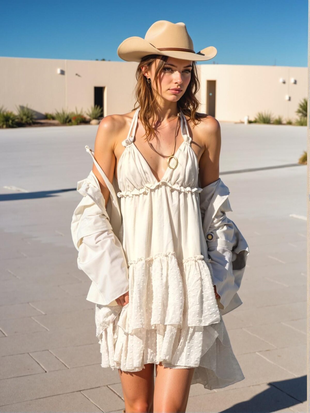 Elegant Apricot Chic Western Boho Babydoll Halter Midi Dress Perfect for Spring and Summer "Chic, Classy and Trendy Fashion Style to Dress to Impress" - Image 3