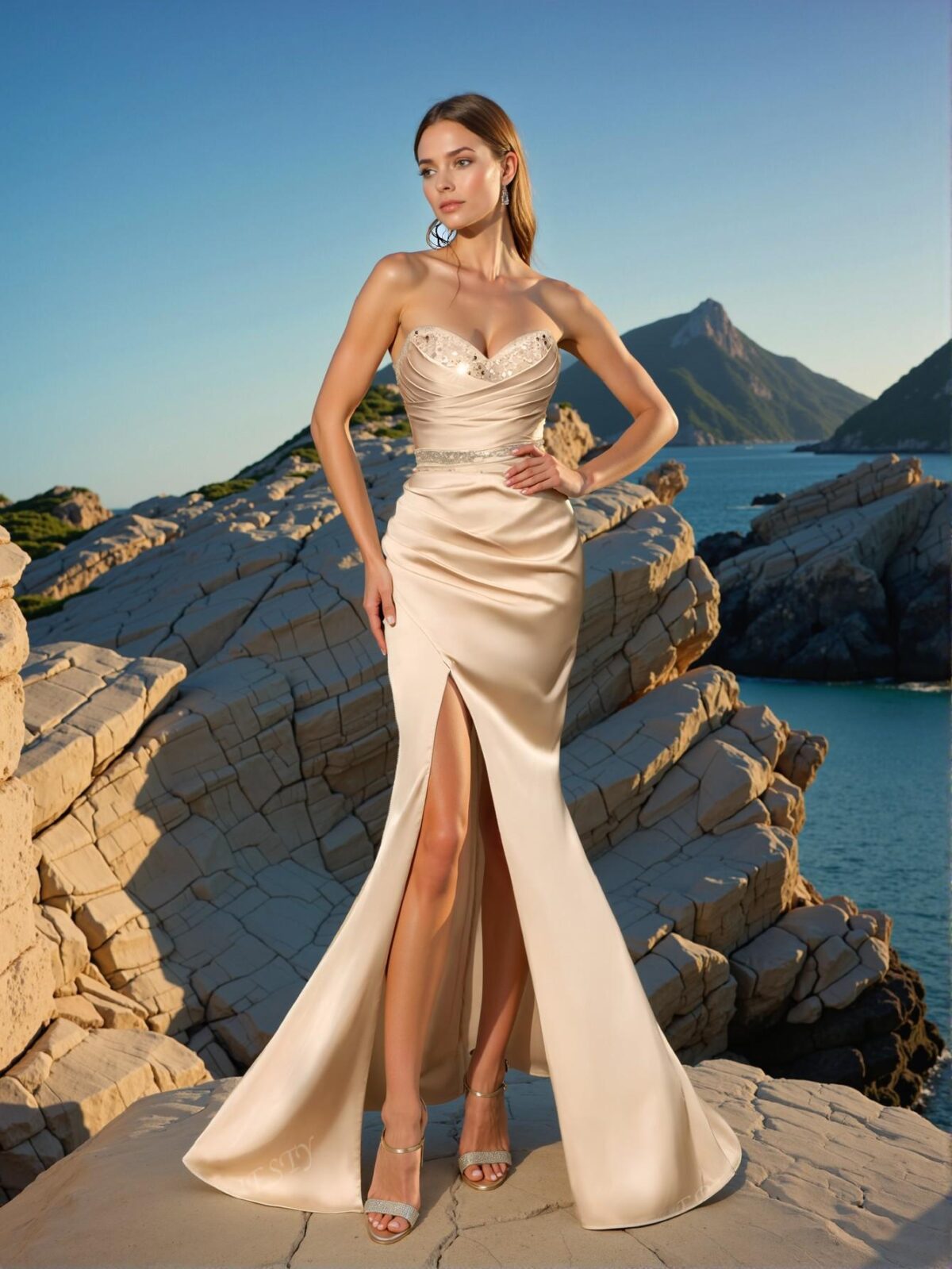 Elegant Champagne Strapless Empire Waisted Evening Gown with Ruched Bodice and Asymmetrical High Slit, Art Deco Beading for Modern Art Gala & Surrealist Evening Events. Perfect for party, prom, graduation day, and ceremony for university, college, and high school, Formal Evening Dinner Cocktail, Wedding Guest Gown, Chic, Classy and Trendy Fashion Style to Dress to Impress. - Image 4