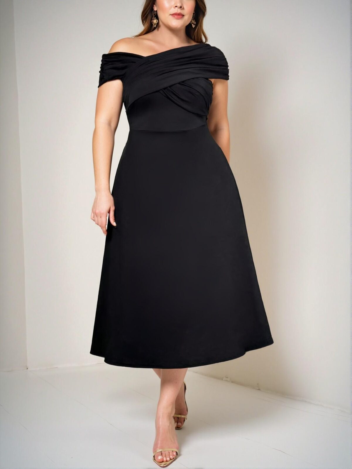 Elegant Black Versatile Open Shoulder Ruched Twist A-Line Dress for Work and Vacation - Chic, Classy and Trendy Fashion Style to Dress to Impress - Image 5