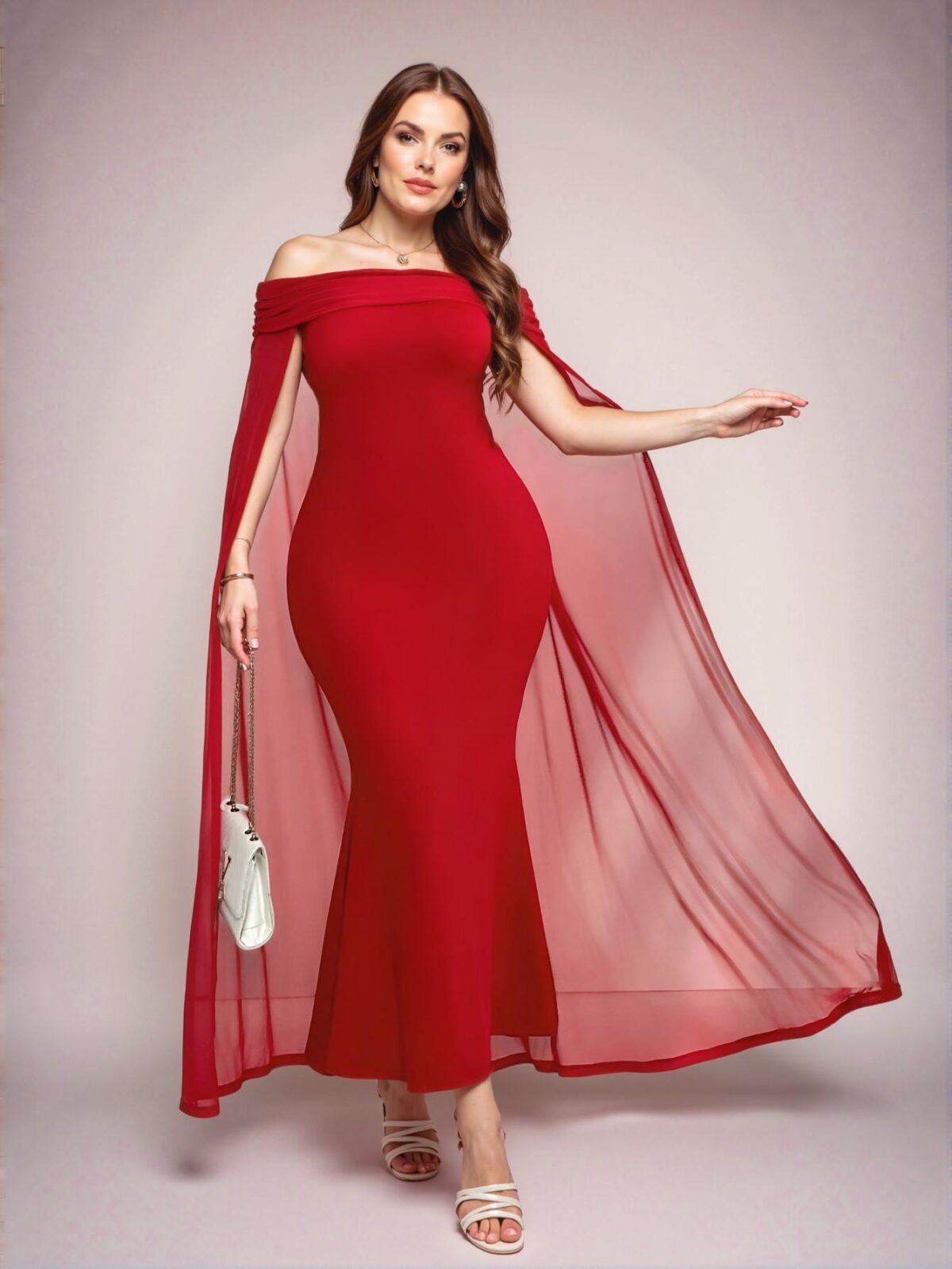 Elegant Red Off Shoulder Long Cape Fishtail Bodycon Dress for Graduation in Spring and Summer - Chic, Classy and Trendy Fashion Style to Dress to Impress