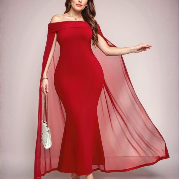 Elegant Red Off Shoulder Long Cape Fishtail Bodycon Dress for Graduation in Spring and Summer - Chic, Classy and Trendy Fashion Style to Dress to Impress