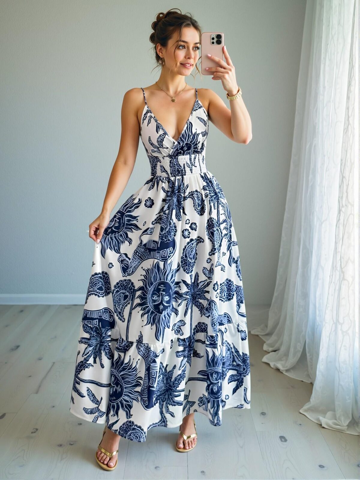 Elegant Blue and White Boho-Inspired Cinched Waist Backless Strap Dress Perfect for Warm Weather Getaways - Chic, Classy and Trendy Fashion Style to Dress to Impress