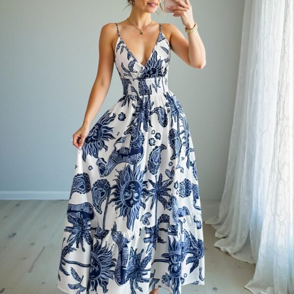 Elegant Blue and White Boho-Inspired Cinched Waist Backless Strap Dress Perfect for Warm Weather Getaways - Chic, Classy and Trendy Fashion Style to Dress to Impress