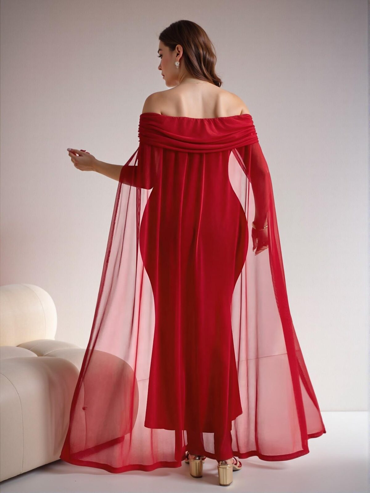 Elegant Red Off Shoulder Long Cape Fishtail Bodycon Dress for Graduation in Spring and Summer - Chic, Classy and Trendy Fashion Style to Dress to Impress - Image 2