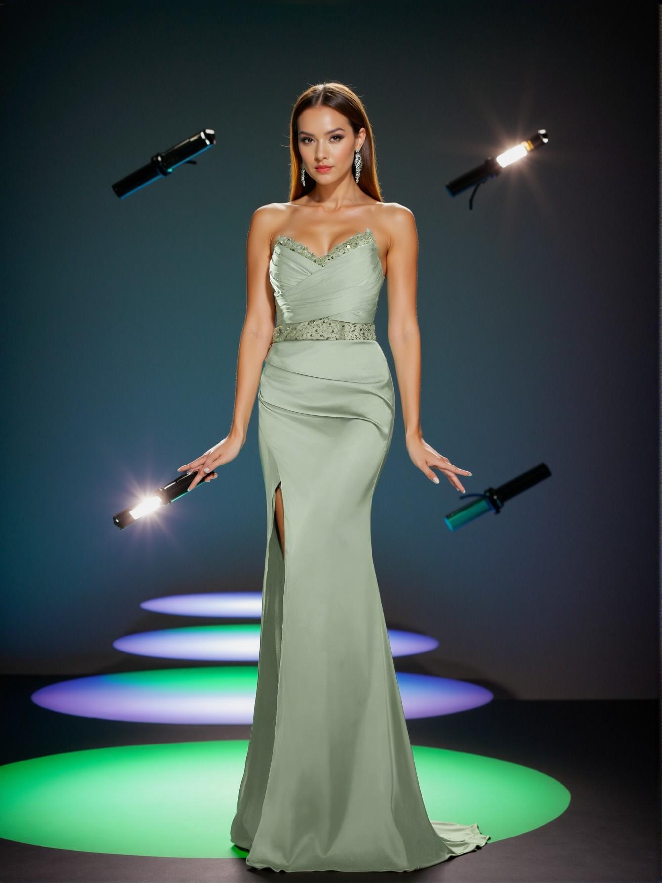 Elegant Green Sophisticated Strapless Empire Waist Evening Gown with Ruched Bodice and Asymmetrical High Slit, Art Deco Beading for Contemporary Art Gala & Surrealist Events. Perfect for party, prom, graduation day, and ceremony for university, college, and high school, Formal Evening Dinner Cocktail, Wedding Guest Gown, Chic, Classy and Trendy Fashion Style to Dress to Impress.