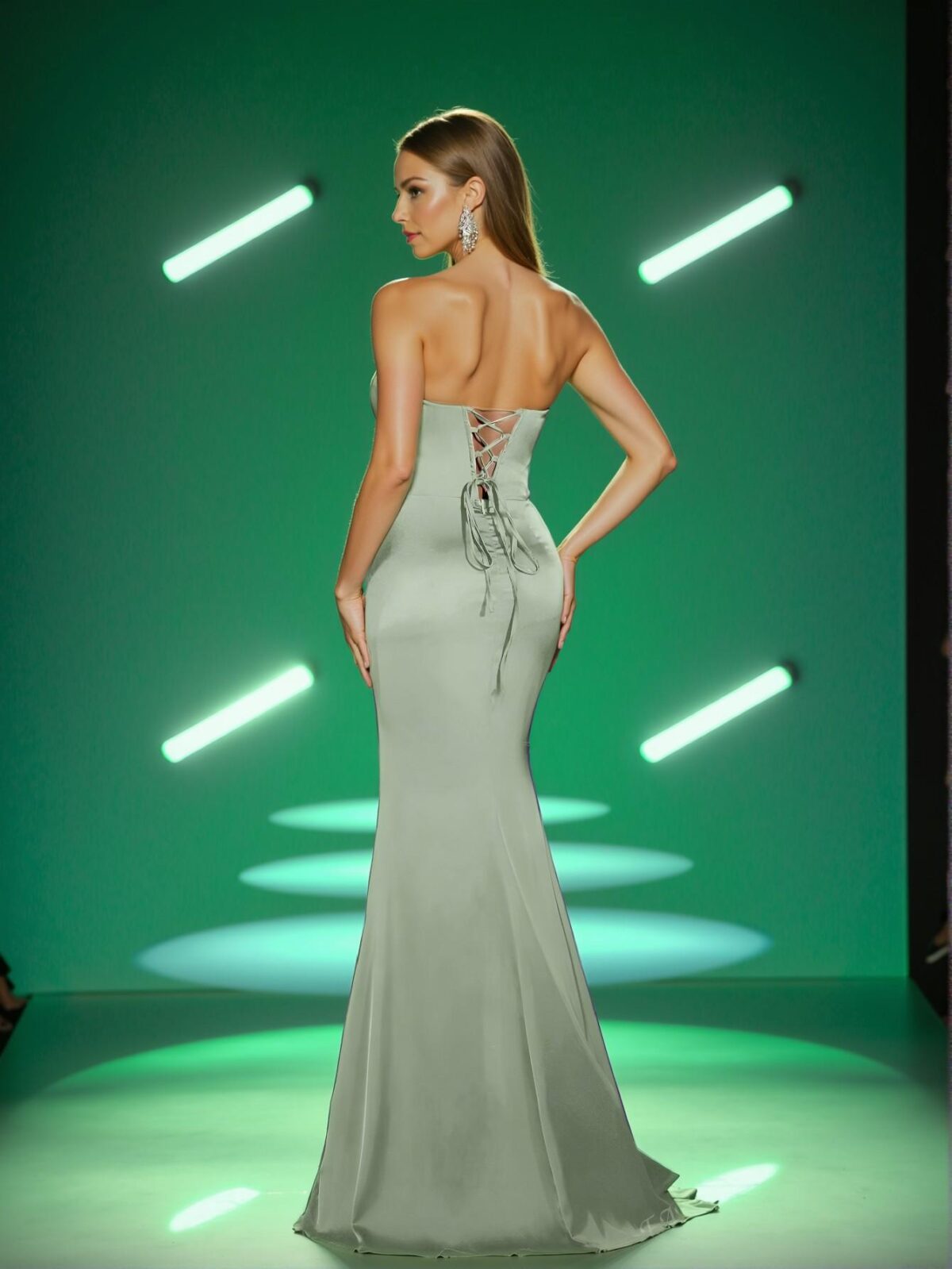 Elegant Green Sophisticated Strapless Empire Waist Evening Gown with Ruched Bodice and Asymmetrical High Slit, Art Deco Beading for Contemporary Art Gala & Surrealist Events. Perfect for party, prom, graduation day, and ceremony for university, college, and high school, Formal Evening Dinner Cocktail, Wedding Guest Gown, Chic, Classy and Trendy Fashion Style to Dress to Impress. - Image 2