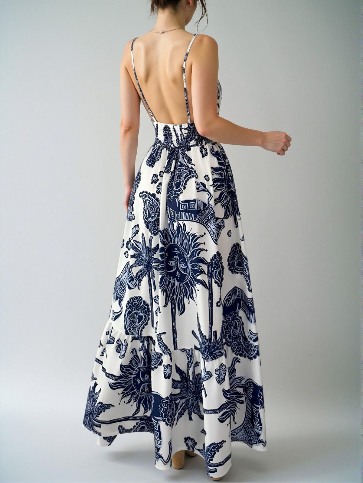 Elegant Blue and White Boho-Inspired Cinched Waist Backless Strap Dress Perfect for Warm Weather Getaways - Chic, Classy and Trendy Fashion Style to Dress to Impress - Image 2
