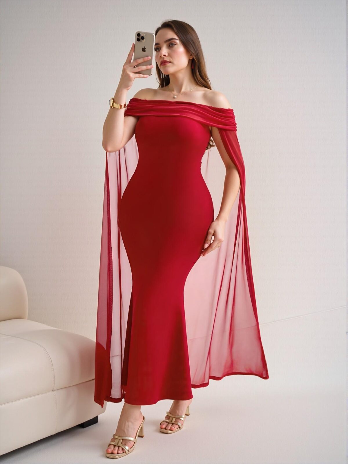 Elegant Red Off Shoulder Long Cape Fishtail Bodycon Dress for Graduation in Spring and Summer - Chic, Classy and Trendy Fashion Style to Dress to Impress - Image 4