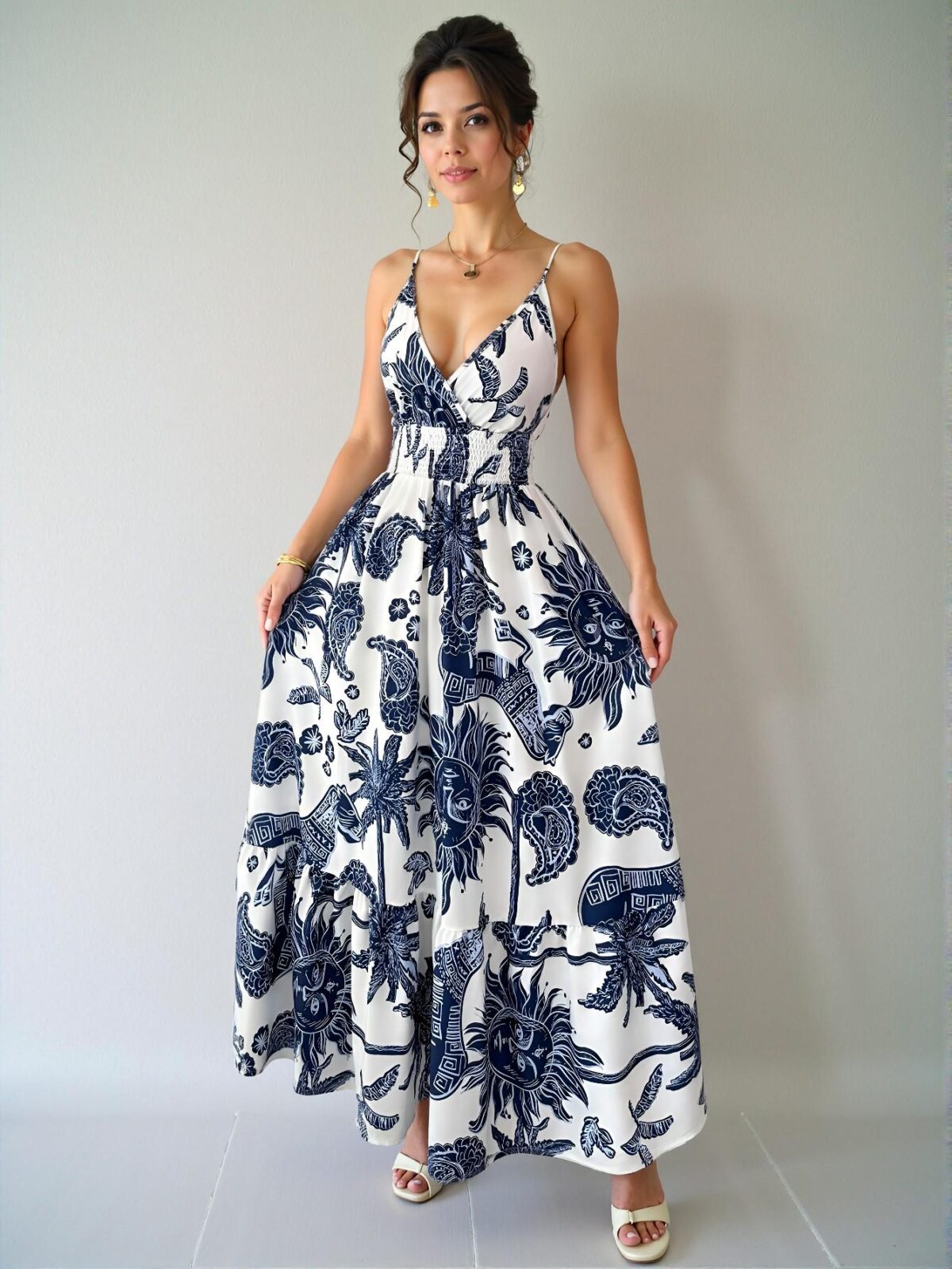 Elegant Blue and White Boho-Inspired Cinched Waist Backless Strap Dress Perfect for Warm Weather Getaways - Chic, Classy and Trendy Fashion Style to Dress to Impress - Image 3