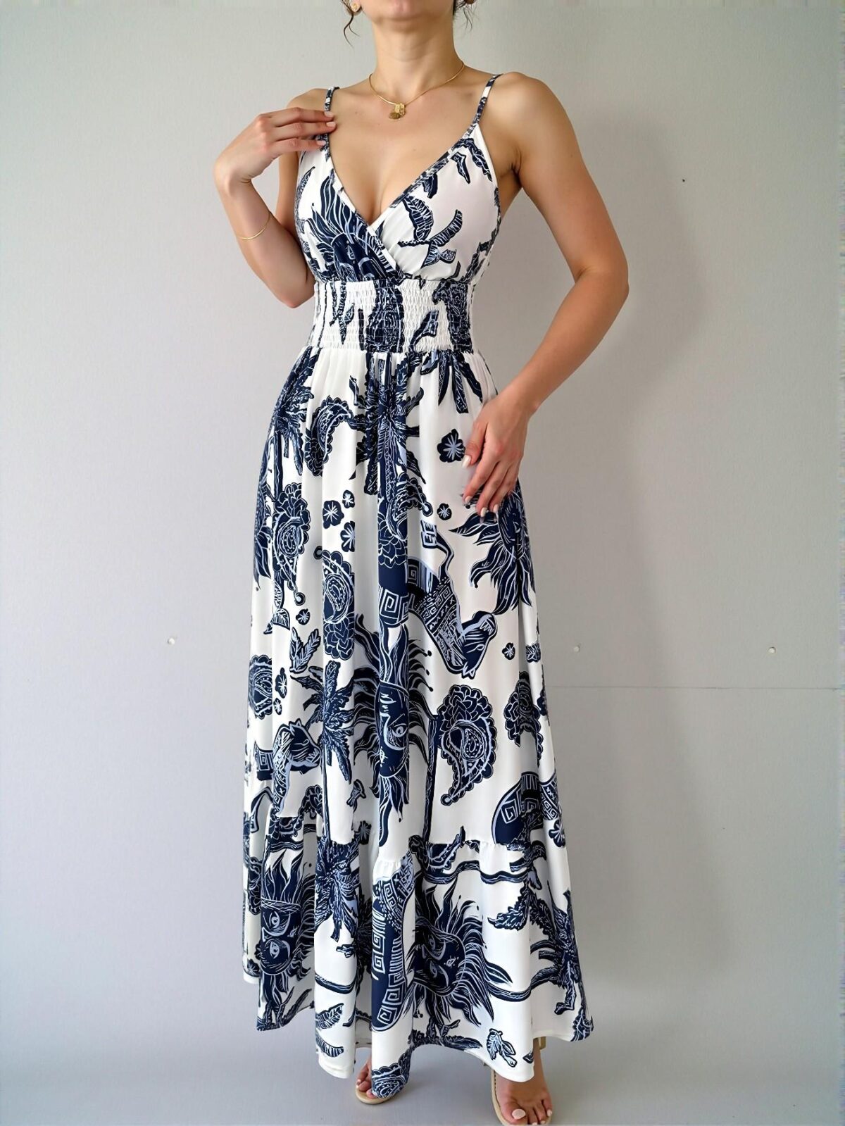 Elegant Blue and White Boho-Inspired Cinched Waist Backless Strap Dress Perfect for Warm Weather Getaways - Chic, Classy and Trendy Fashion Style to Dress to Impress - Image 4