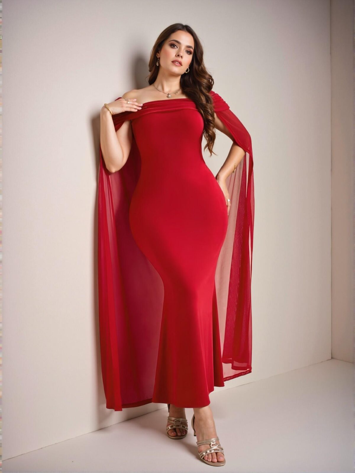 Elegant Red Off Shoulder Long Cape Fishtail Bodycon Dress for Graduation in Spring and Summer - Chic, Classy and Trendy Fashion Style to Dress to Impress - Image 5