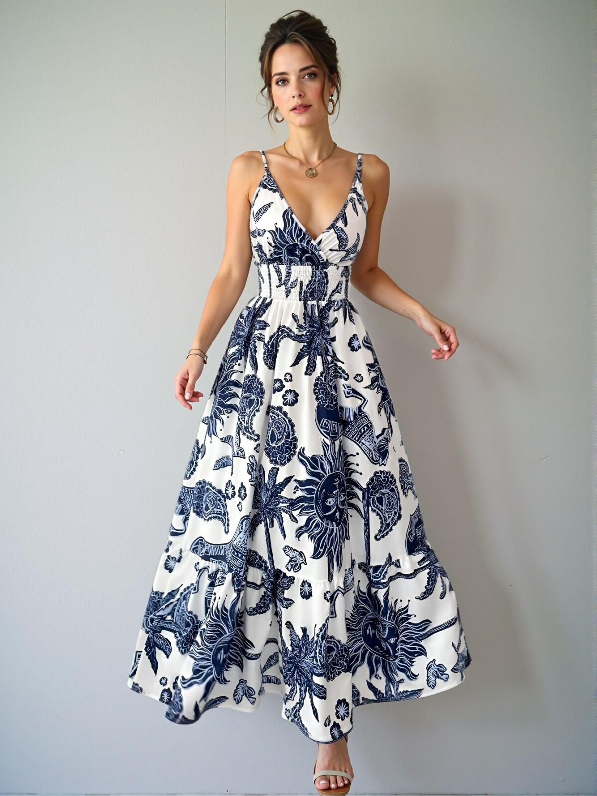 Elegant Blue and White Boho-Inspired Cinched Waist Backless Strap Dress Perfect for Warm Weather Getaways - Chic, Classy and Trendy Fashion Style to Dress to Impress - Image 5