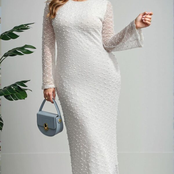 Elegant White Romantic Backless Jacquard Fabric Fitted Long Sleeve Dress with Flared Sleeves for Spring and Summer - Chic, Classy, and Trendy Fashion Style to Dress to Impress