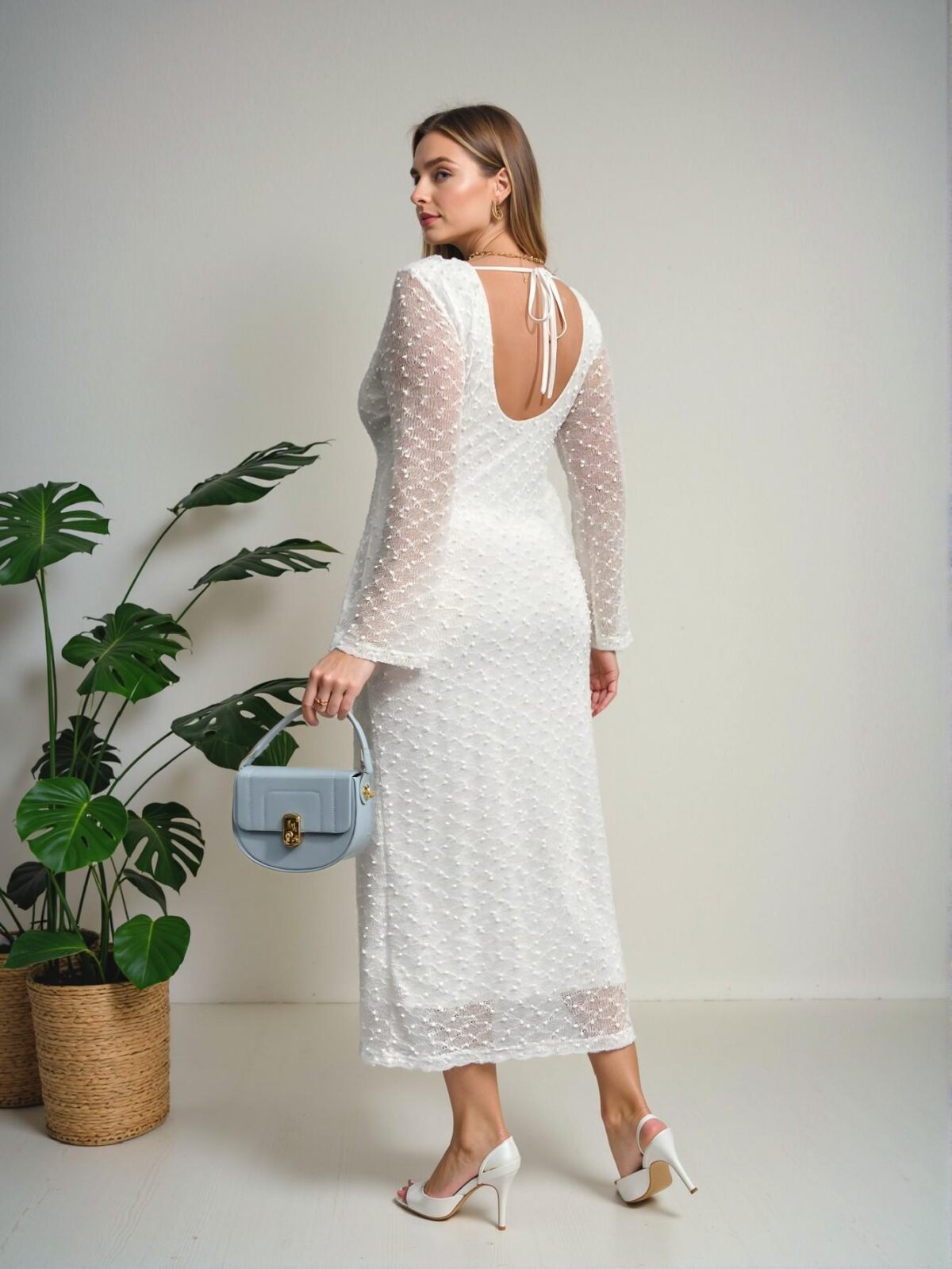 Elegant White Romantic Backless Jacquard Fabric Fitted Long Sleeve Dress with Flared Sleeves for Spring and Summer - Chic, Classy, and Trendy Fashion Style to Dress to Impress - Image 2