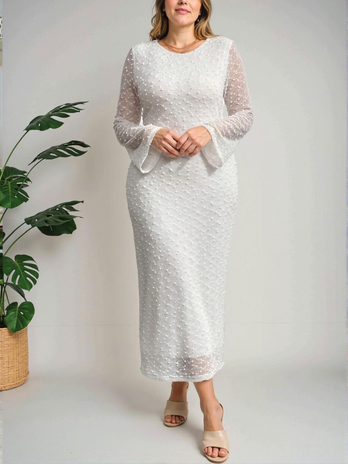 Elegant White Romantic Backless Jacquard Fabric Fitted Long Sleeve Dress with Flared Sleeves for Spring and Summer - Chic, Classy, and Trendy Fashion Style to Dress to Impress - Image 3