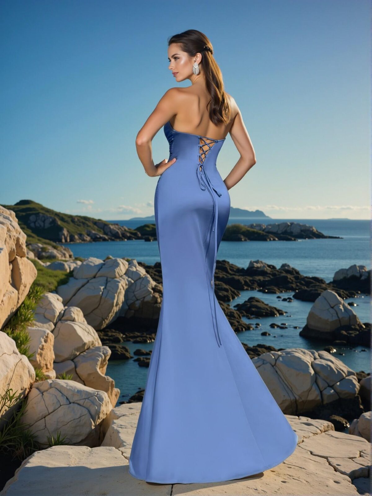 Elegant Dusty Blue Strapless Empire Waist Evening Gown with Ruched Bodice and High Split, Art Deco Beaded Design for Modern Art Gala and Surrealist Events Perfect for party, prom, graduation day, and ceremony for university, college, and high school, Formal Evening Dinner Cocktail, Wedding Guest Gown, Chic, Classy and Trendy Fashion Style to Dress to Impress. - Image 2