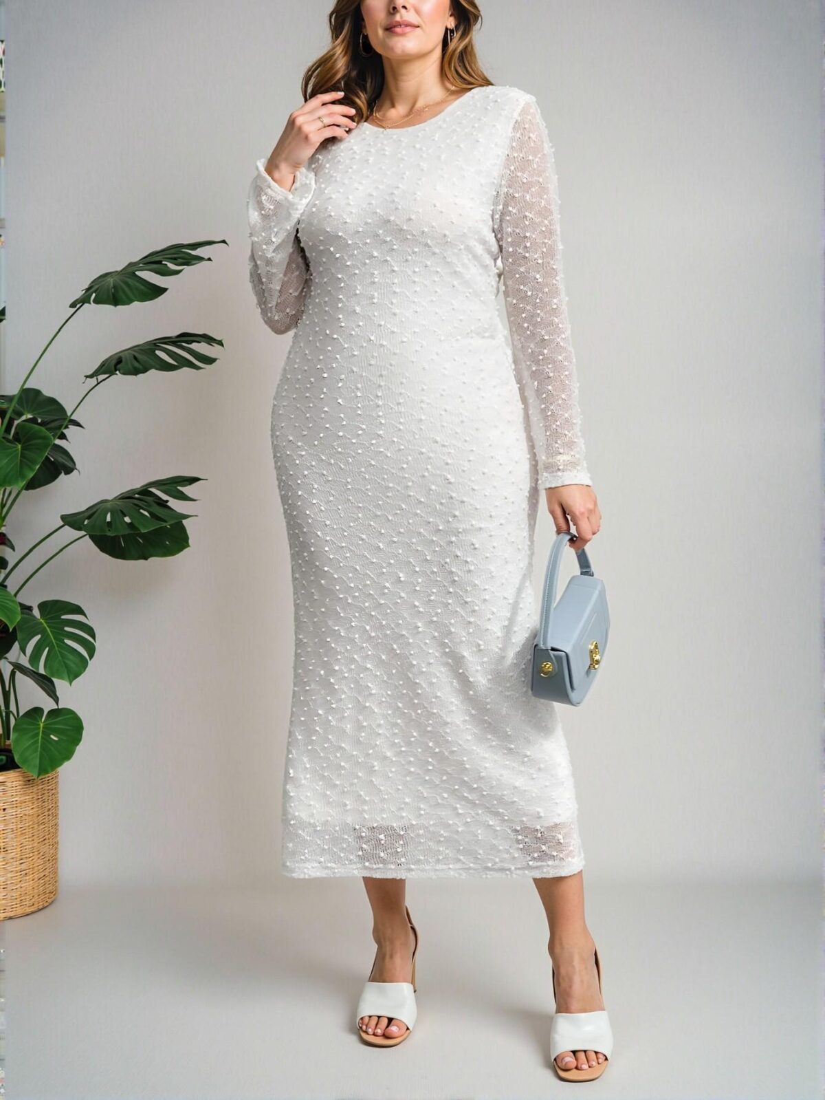 Elegant White Romantic Backless Jacquard Fabric Fitted Long Sleeve Dress with Flared Sleeves for Spring and Summer - Chic, Classy, and Trendy Fashion Style to Dress to Impress - Image 4