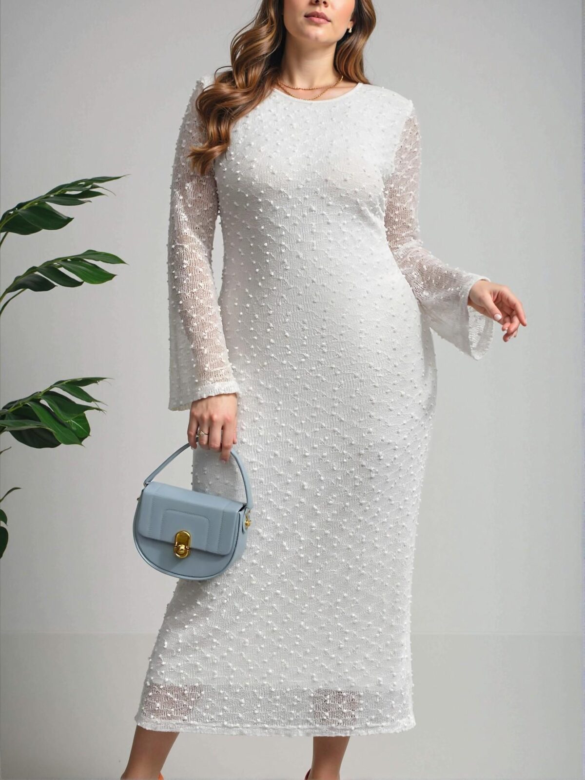 Elegant White Romantic Backless Jacquard Fabric Fitted Long Sleeve Dress with Flared Sleeves for Spring and Summer - Chic, Classy, and Trendy Fashion Style to Dress to Impress - Image 5